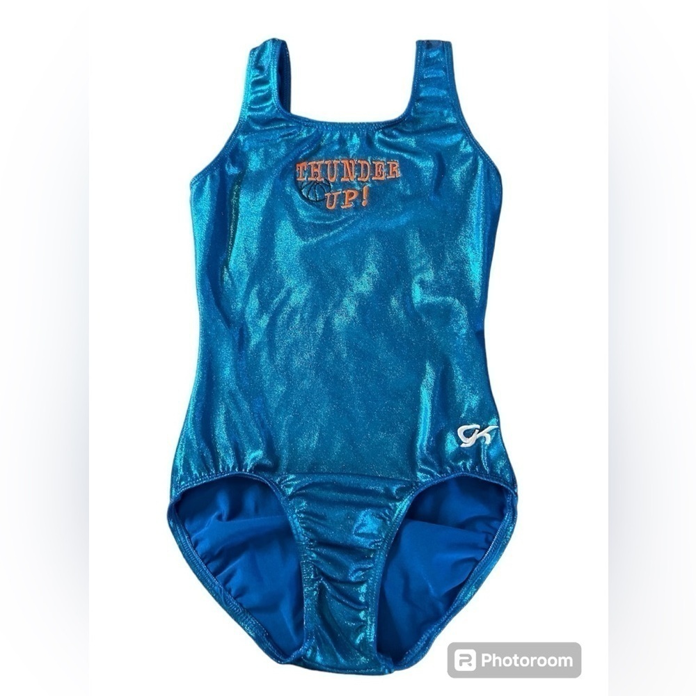 GK BLUE SHINY GYMNASTICS LEOTARD SIZE ADULT XS GO THUNDER PATCHES ON FRONT
